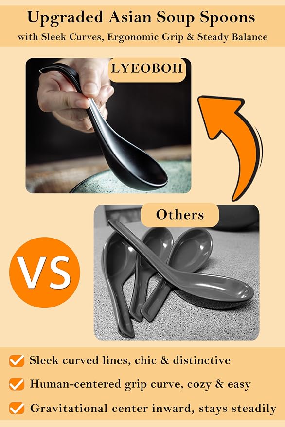 LYEOBOH Soup Spoons, Ceramic Ramen Spoon Set of 6-6.5inch Japanese Spoons | Chinese Spoons with Deep Hook Non-slip, Stackable Korean Spoons Deep for Pho Pasta Cereal, Dishwasher & Microwave Safe, Black
