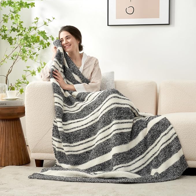 Snuggle Sac Heather Throw Blanket for Couch, Reversible Super Soft Blankets Warm Cozy Knit Fuzzy Plush Lightweight for Sofa, Bed, Camping, Picnic (Stripe Black, Queen (90"x90"))