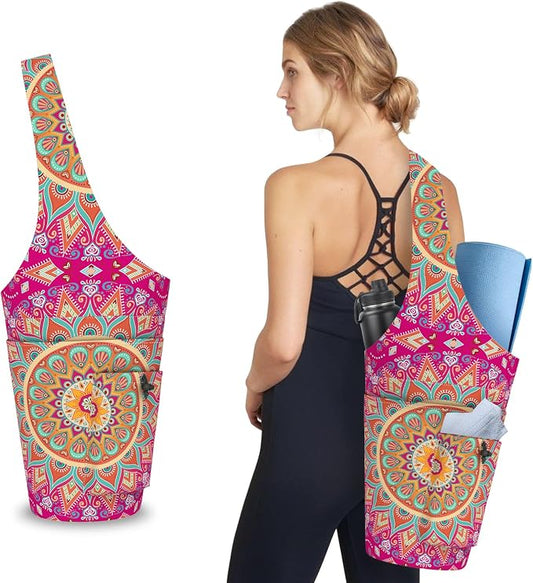 Mandala Yoga Mat Bag with Large Waterproof Zipper Pocket and Drawstring Pocket Long Tote Yoga Mat Carrier Holder Bags Fit Most Size Mats