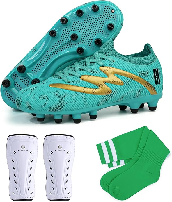 brooman Kids Firm Ground Soccer Cleats Boys Girls Football Shoes with Shin Guards and Soccer Socks