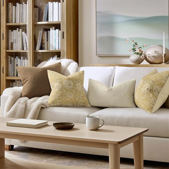 Vintage Floral Print Throw Pillow Covers 24x24 Set of 2 Neutral Modern Farmhouse Pillowcases Accent Decorative Cushion Covers Boho Home Decor for Couch Sofa Chair Bed Living Room, Yellow