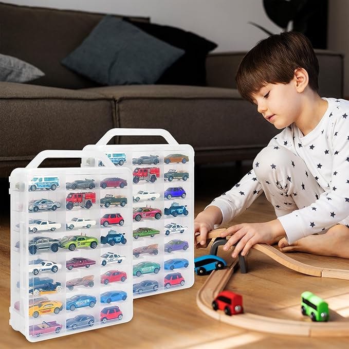 Double Sided Toy Car Storage Case for 48 Toy Cars, Matchbox Cars, Mini Toys, Small Dolls, Portable Storage Case for Toy Cars, Matchbox Cars with 46 Slots, Case Only (Transparent-2 Pack)