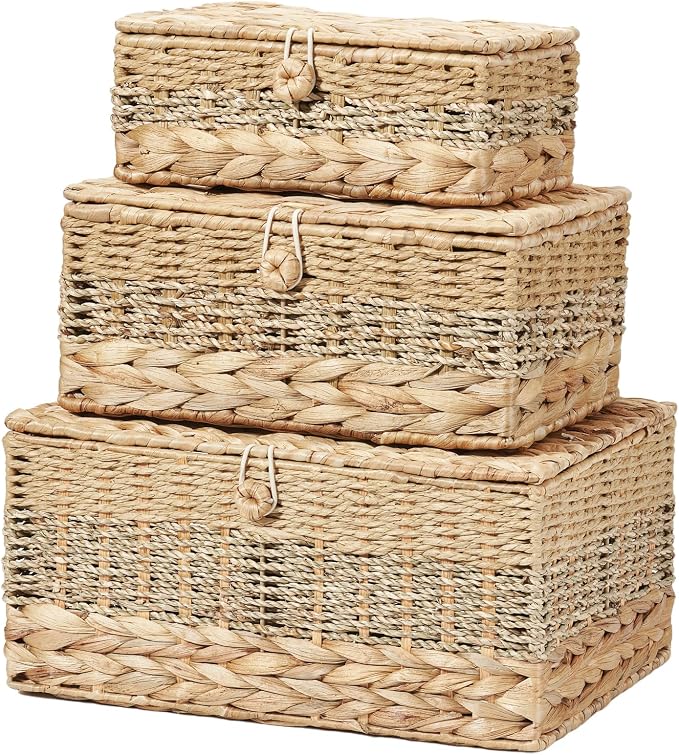 3PCS Wicker Storage Baskets with Lids Decorative Rattan Boxes | Handmade Natural Boho Woven Bins, Water Hyacinth Seagrass Paper Rope, Memory Keepsake Photo Makeup Container, Shelf Organizer