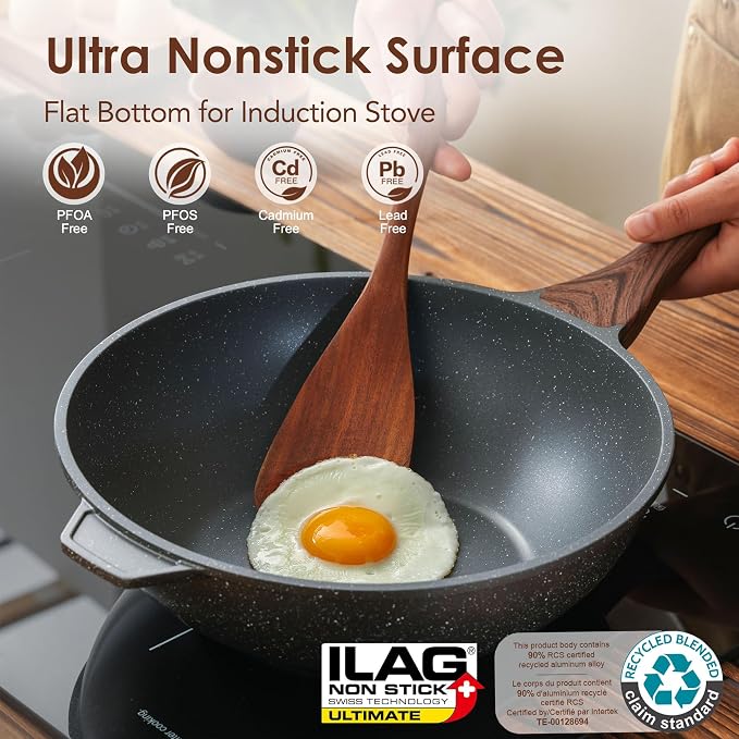 SENSARTE Nonstick Wok Pan with Lid 11-inch, Healthy Stir-fry Pan Induction Cookware with Swiss Granite Coating, Deep Frying Pan Skillet with Stay-cool Handle, PFOA Free