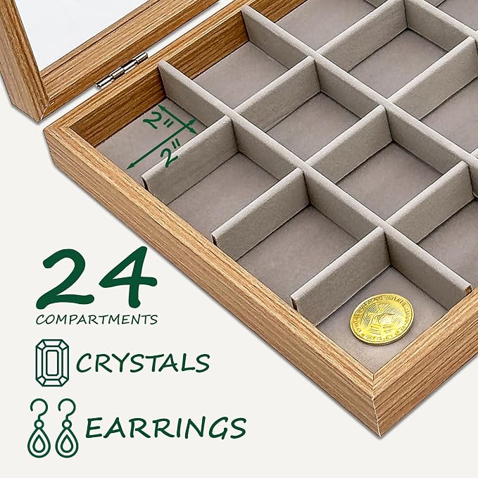 Wooden Travel Jewelry Box w. Tempered Glass Display Lid - Earrings Storage - 24-Compartments Velvet Organizer (Natural Oak) by The Display Guys