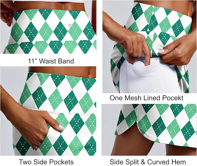 PINSPARK 18" Skorts for Woman Above Knee Length Golf Skirts 3 Pockets | High Waist, Built in Shorts, UV Protection, 4-Way Stretch, Soft, Dolphin Hem, Athletic, Tennis, Pickleabll, Casual