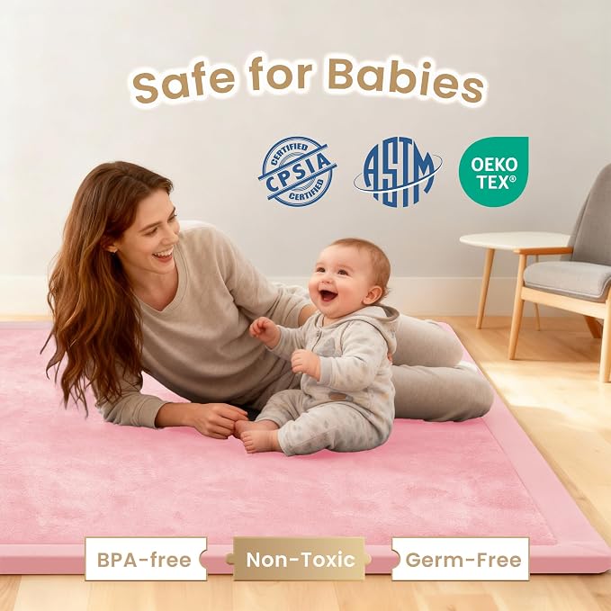 ACOMOPACK Baby Play Mat for Floor 1.3" Thick Memory Foam Play Mat 39"×59" Tummy Time Crawling with Non-slip Bottom for Living Room,Nursery,Soft Velvet Playpen Mats for Kids,Infants（Pink）