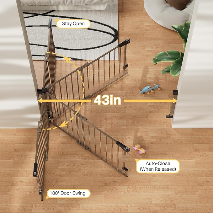 Cumbor 29.2–43" Baby Gate for Stairs, Hardware Mounted (Drill Required), Expandable No Bottom Bar Dog Gate, Auto Close Extra Wide Walk Thru, Pet & Toddler Proof Gate, Top & Bottom of Stairways (Brown)