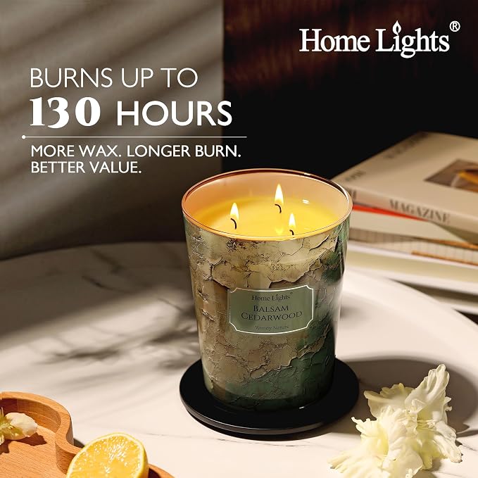 HomeLights Balsam Cedarwood Scented Candles | 34oz Soy Candles Industrial Chic 3-Wick Large Candle Jars | Ideal Candle Gifts for Events, Home Decor Stress, Relief & Relaxation