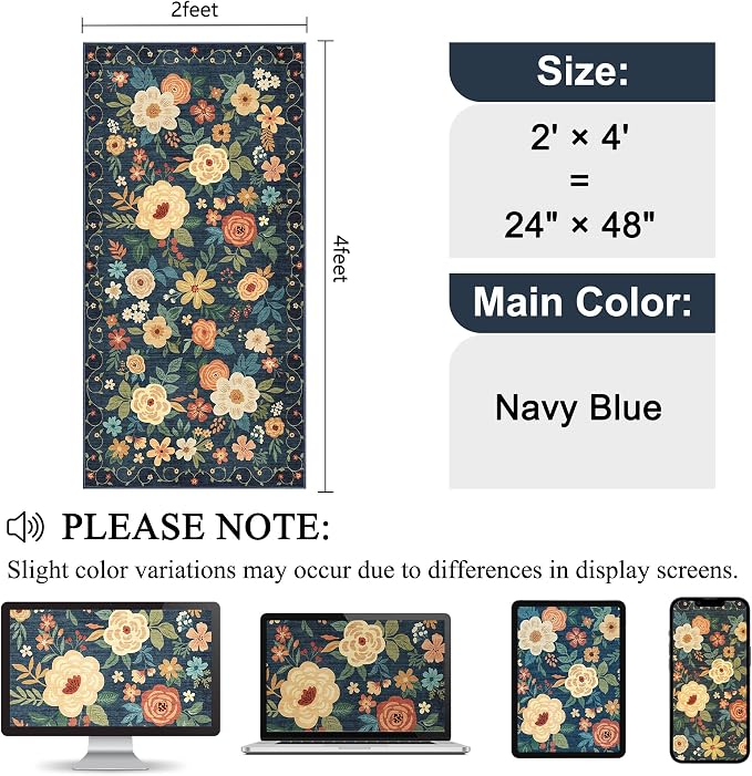 DUKINO 2x4 Entryway Rug, Floral Washable Kitchen Rugs Non Slip, Navy Blue | Low Pile, Soft Indoor Runner Rug for Hallway, Bedroom, Bathroom, Laundry, Pet Friendly, Modern Home Decor, Stain Resistant