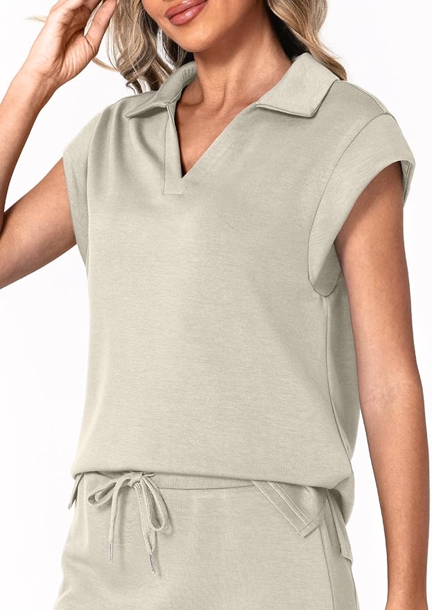 Casly Lamiit Womens Two Piece Skirt Sets Casual Cap Sleeve Lapel V Neck Tops Summer Travel Outfits Short Tennis Skort Set