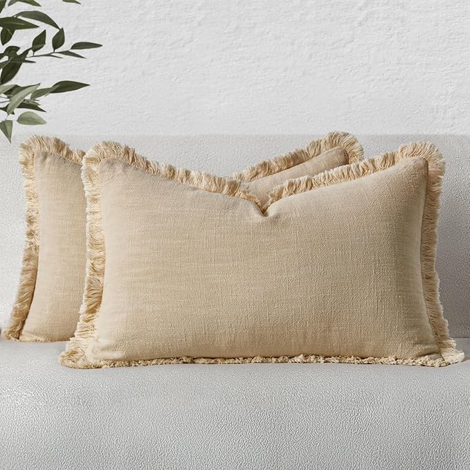 MIULEE Boho Linen Fringe Decorative Lumbar Throw Pillow Covers Beige 12x20 | Set of 2, Cottagecore Decor, Boho Farmhouse Neutral Pillow Covers, Rustic Couch Cushion Cases for Sofa Bed Living Room
