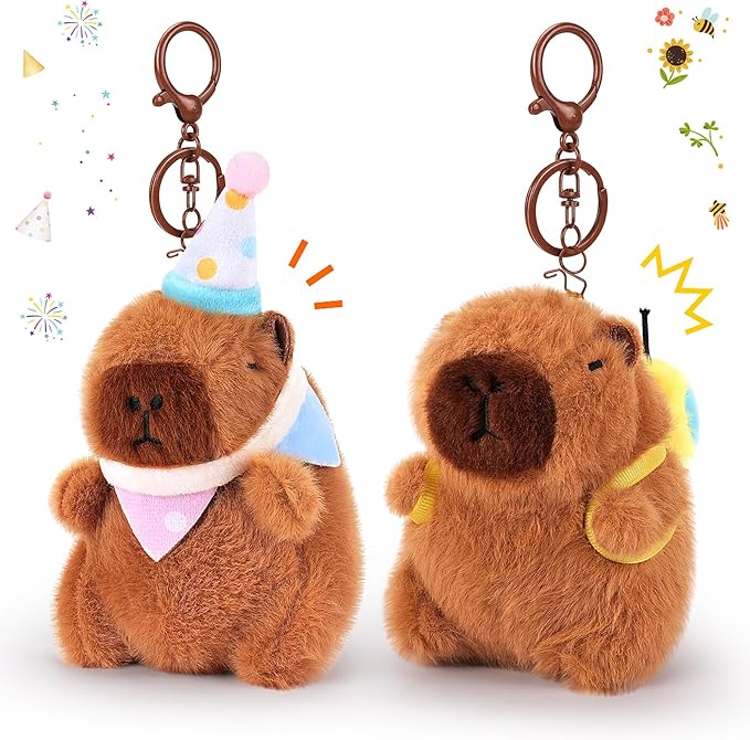 Achwishap 2PCS Capybara Plush Keychain,Cute Keychain Capybara Stuffed Animal,Soft Capybara Plush Toys Key Chain,Kawaii Plushie Stuffed Toys for Kids Adults(Bee Backpack,Birthday Capybara)