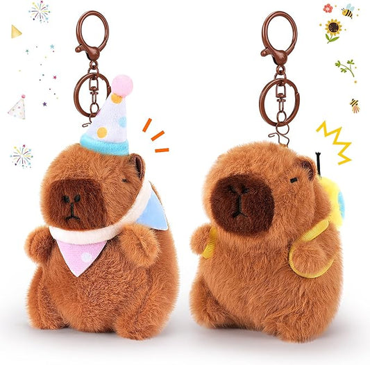 Achwishap 2PCS Capybara Plush Keychain,Cute Keychain Capybara Stuffed Animal,Soft Capybara Plush Toys Key Chain,Kawaii Plushie Stuffed Toys for Kids Adults(Bee Backpack,Birthday Capybara)
