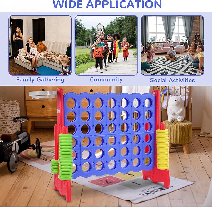 Elevon Giant 4-to-Score Game Set, 4-in-A-Row Jumbo w/Basketball Hoop, Ring Toss, 42 Jumbo Rings & Quick-Release Slide, 2.75FT Tall Indoor Outdoor Yard Family Connect Game for Kids & Adults