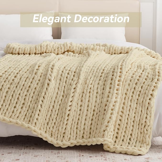 Negwoo Chunky Knit Throw Blanket, Knitted Throw Chenille Yarn, 50"*60" | Soft Thick Cable Knitted Blankets, Handmade Big Thick Blanket, Machine Washable Cute Comfy Blanket for Home Decor, Oatmeal