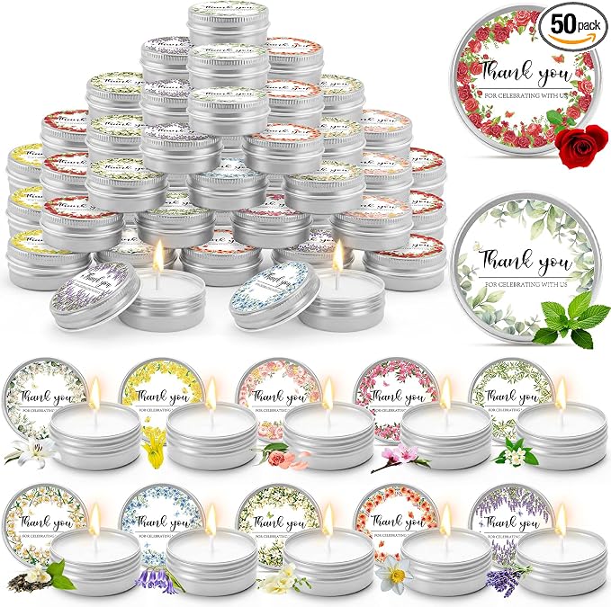 Nuanchu 50 Pcs Wedding Favors Candles Gifts for Guests Bridal Shower Party Favors 1 oz Thank You Small Tin Candle Bulk Aromatherapy Floral Scents for Wedding Celebration Bridesmaid Proposal Gift