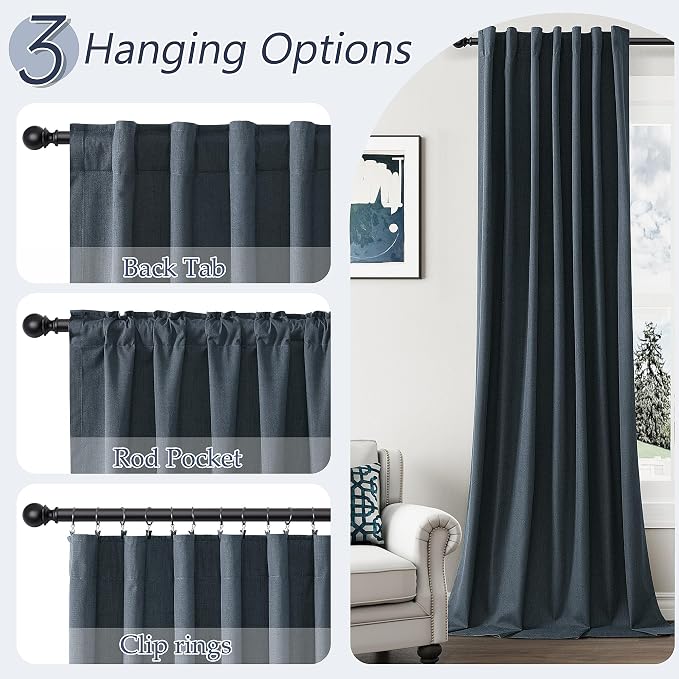 Guken 100% Blackout Linen Curtains 102 Inch Length 2 Panels Set for Living Room Bedroom Back Tab Thermal Insulated Black Out Drapes Room Darkening Window Curtains,Vintage Blue