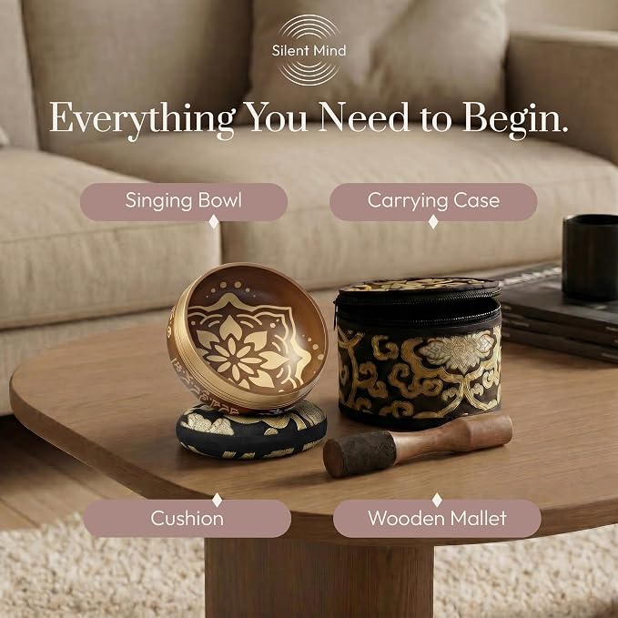 Silent Mind Tibetan Singing Bowl Set – Easy to Play & Beginner Friendly Meditation Bowl with Cushion, Mallet & Case | Stress Relief & Mindfulness | Gift-Ready