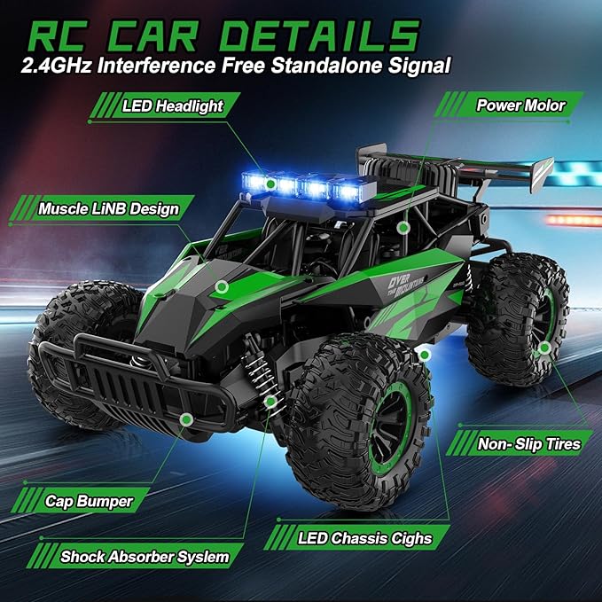 kolegend Remote Control Car 50+Min RC Cars Toys 1:12 Scale Monster Trucks 20KM/H Remote Control Monster Truck with LED Headlight and Rechargeable Battery Gifts for Boys 8-12,Green