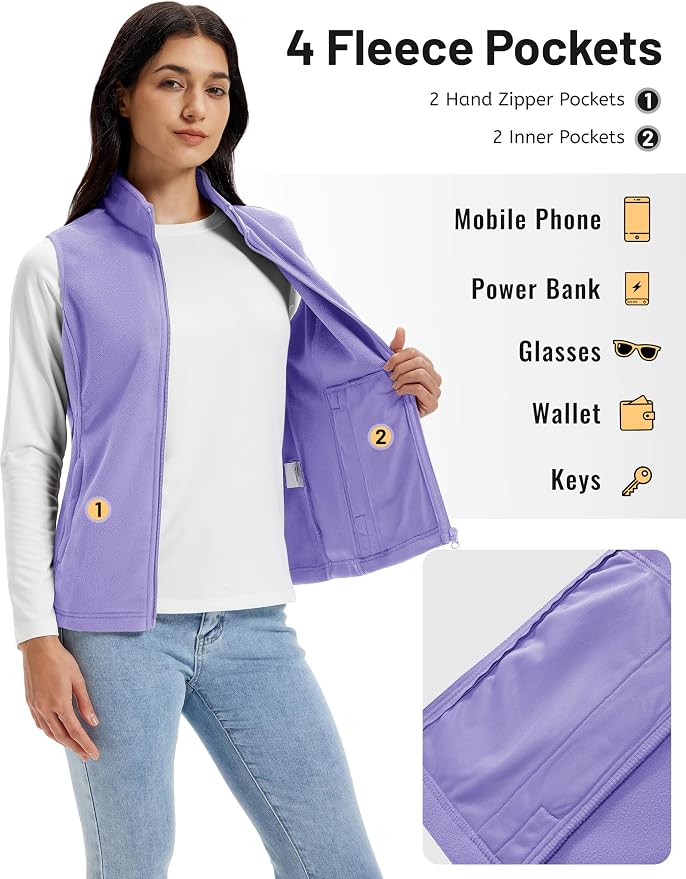 TACVASEN Women's Fleece Vest Lightweight Sleeveless Zip Jacket Outerwear | Soft Polar,Zipper Pockets,Stand Collar,Fall Winter Warm,Outdoor,Athletic,Running,Hiking,Travelling,Golf,Work