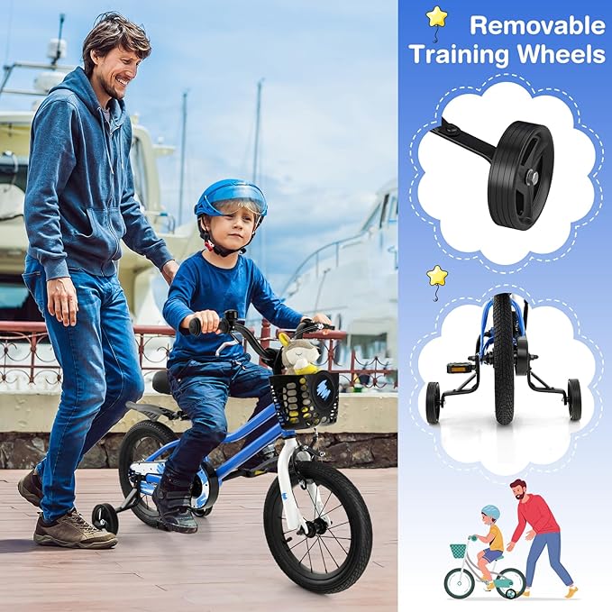 COSTWAY Kids Bike, 12 14 16 18 Inch Toddler Bike for Boys & Girls Aged 3-8 Years Old, Kids Bicycle w/Removable Training Wheels, Handbrake & Coaster Brake, Basket, Bell