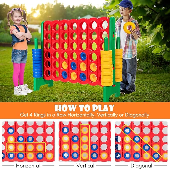 KOTEK Giant 4-in-a-Row Game Set, 3.5 Feet Tall Jumbo 4-to-Score Family Fun Game with Quick-Release Sliders & 42 Large Rings, Oversized Connect Plastic Yard Game Outdoor for Kids & Adults (Green+Red)