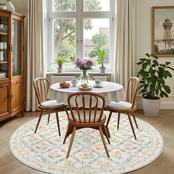 Round Area Rug for Living Room: 4 ft Floral Washable Circle Rug Soft Non-Slip Carpet Indoor Stain Resistant Low Pile Small Circular Rug for Bedroom Entryway Kitchen Nursery Home Office Beige/Multi