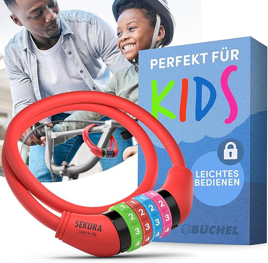 Büchel Bike Locks Cable for Kids - Colorful & Keyless - Secure Your Child's Bike - Easy-to-Use Bicycle Accessory, High Security 5 Digit Resettable Combination Coiling Bicycle Lock, Anti Theft