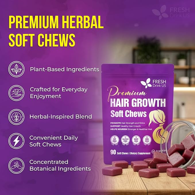FreshDrinkUS, Premium Hair Growth Soft Chews | 90 Count | Daily Beauty Soft Chews – Delicious Chewable Formula for Everyday Hair Care Routine – Non-GMO, Gluten Free, Dairy Free