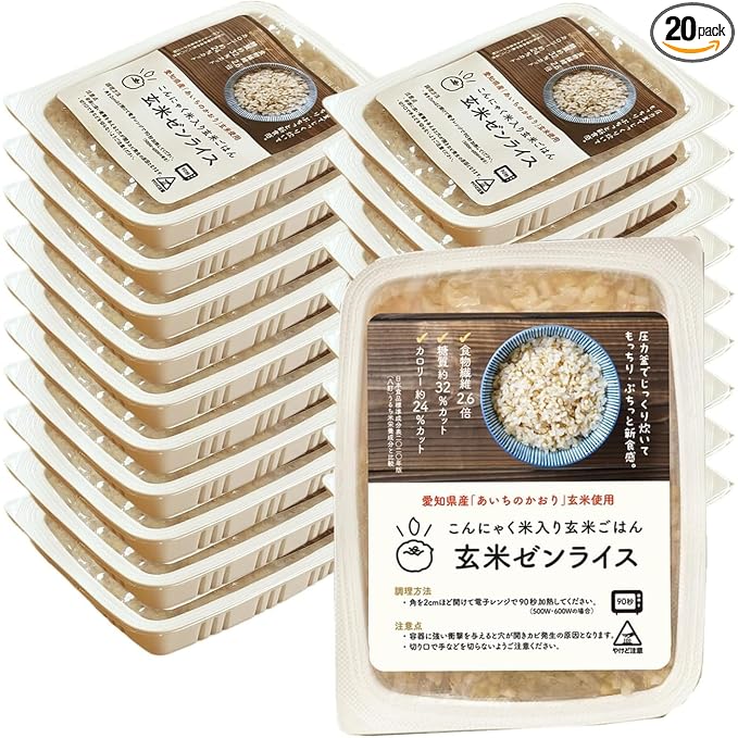 【Izukappa froｍ Japan】160g x 20pc of Brown Zen Rice, Low-Calorie Option, Shirataki Rice, Just 90 Seconds in Microwave, Easy to Prepare & Store
