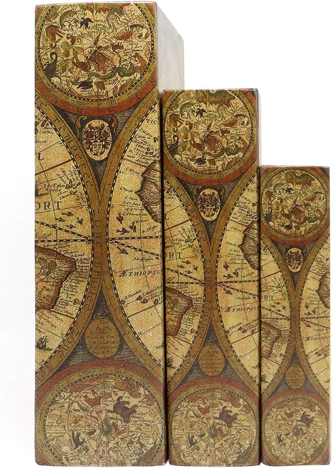 Jolitac Decorative Book Boxes World Map Pattern Antique Book Invisible box with Magnetic cover, Faux Wood Set of 3 Storage Set (Map)