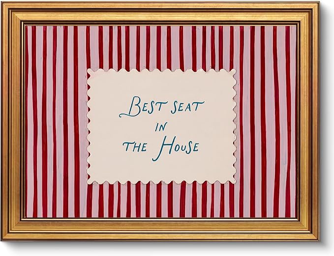 Funny Bathroom Wall Art, Vintage Gold Framed Best Seat in the House, 16x24 | Red striped canvas with Best Seat in the House quote, rustic farmhouse decor for bathroom, living room, bedroom or entryway