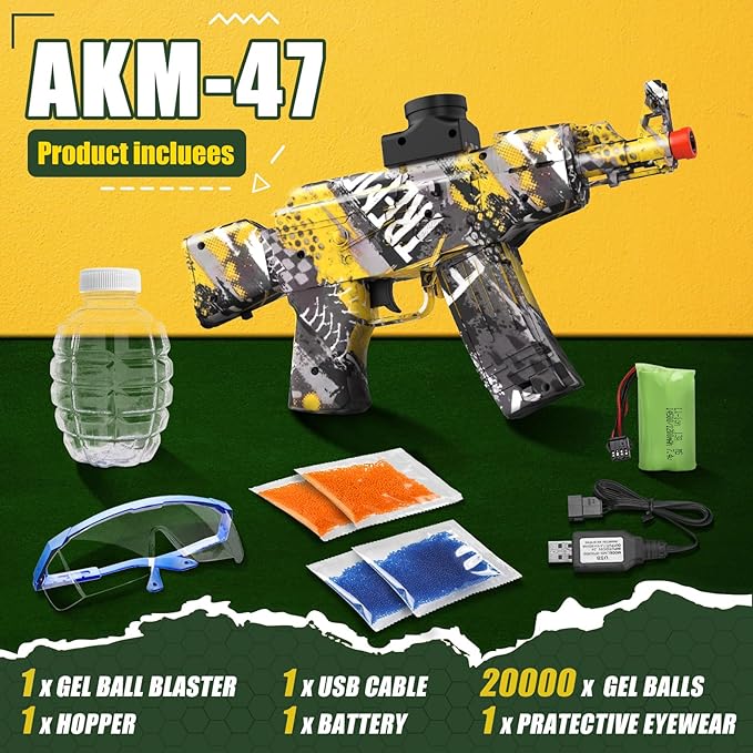 Anstoy Electric Gel Gun Blaster, High-Speed AKM-47 Gelfire Blaster for Orbeez with Eyewear, Splatter Ball Toys for Outdoor Shooting Game Party Gift Ages 14 & Up, Yellow