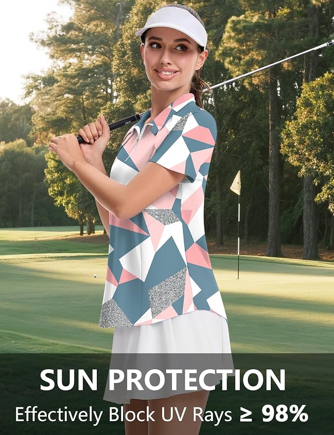 LOMON Womens Golf Polo Shirt Summer Short Sleeve Quarter Zip Outfit | Side-Pockets,Princess Seams,Cotton,Wrinkle Free,Moisture Wicking,Quick-Dry,Lightweight,Collared,for Tennis Workout
