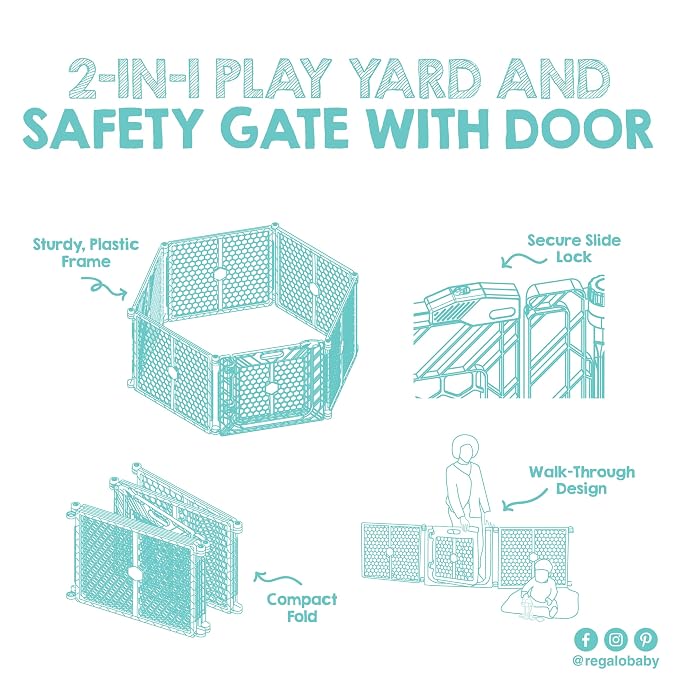 Regalo Safety 192” Super Wide 2-in-1 Baby Gate & Play Yard with Door, Adjustable 6-Panel Plastic Safety Gate for Doorways & Large Openings, Hardware Mounted Baby & Pet Gate, Brown