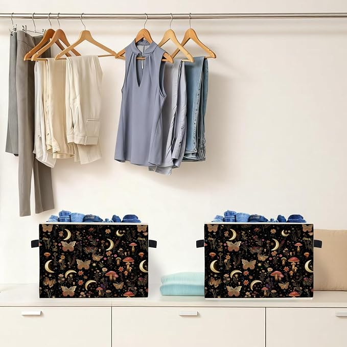 Enchanted Forest Boho Witchy Storage Box Bins, Mystical Moon Butterfly Mushroom Floral Collapsible Storage Basket Organizer for Bedroom Laundry Room Clothes Books, Decor for Room