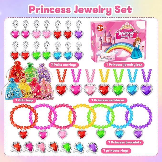 Princess Jewelry Set for Girls with Colorful Necklace Bracelets Rings Earrings Birthday Gifts Party Favors Pretend Play Dress up Costume Friendship Jewelry for Toddler Girls (Heart)