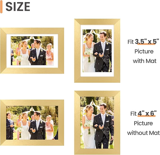 upsimples 4x6 Picture Frame, Display Pictures 3.5x5 with Mat or 4 x 6 Without, Wall Hanging Photo Frames, Gold, 1 Pack