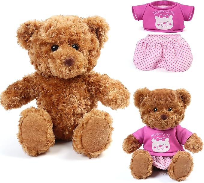 LotFancy Teddy Bear Stuffed Animal, with Removable Clothes, 10 inch Cute Baby Girl Bear Plush, with T-Shirt and Dress, Baby Shower Decoration, Easter Gift Plushies