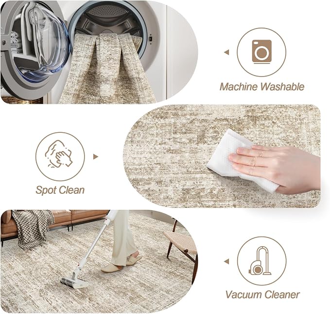 Soalmost Washable Area Rug 8x10 Large Soft Brown Rugs for Living Room | Vintage Non-Slip Carpet for Dining Bedroom, Stain Resistant Low Pile Foldable Lightweight Floor Mat Under Table Home Decor