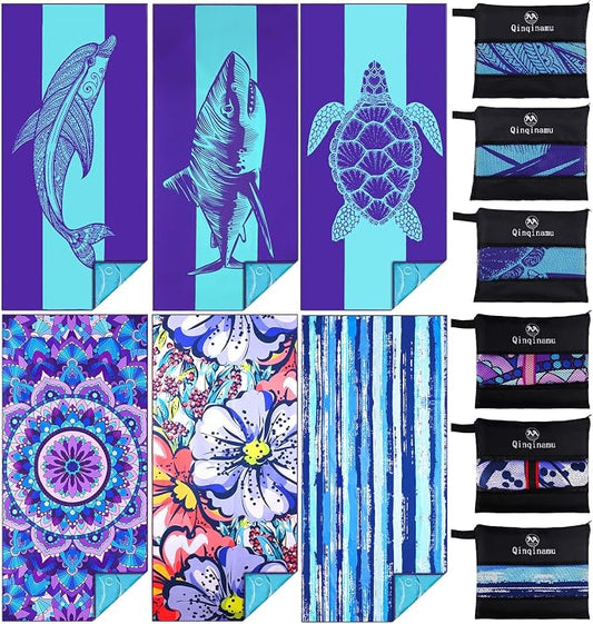 6 Pack Microfiber Oversized Lightweight Beach Towel 71"x32" Extra Thin Large Sand Free Towels Travel Swim Pool Yoga Gym for Adults Women Men Beach Essentials Accessories Vacation Gift