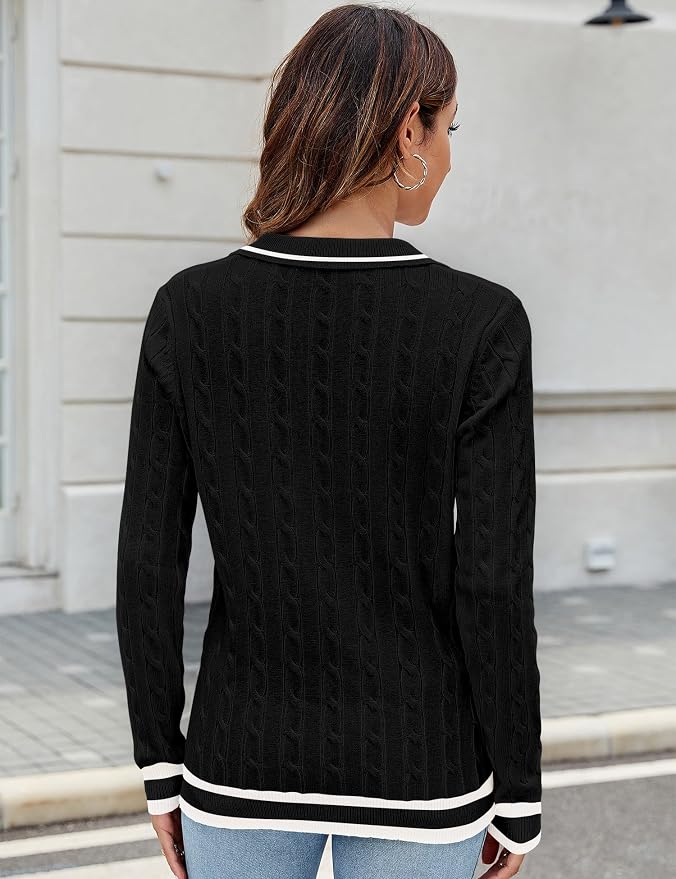 Micoson Womens Fall Long Sleeve Sweaters Lapel V Neck Cable Knitted Pullover Casual Soft Jumper Top