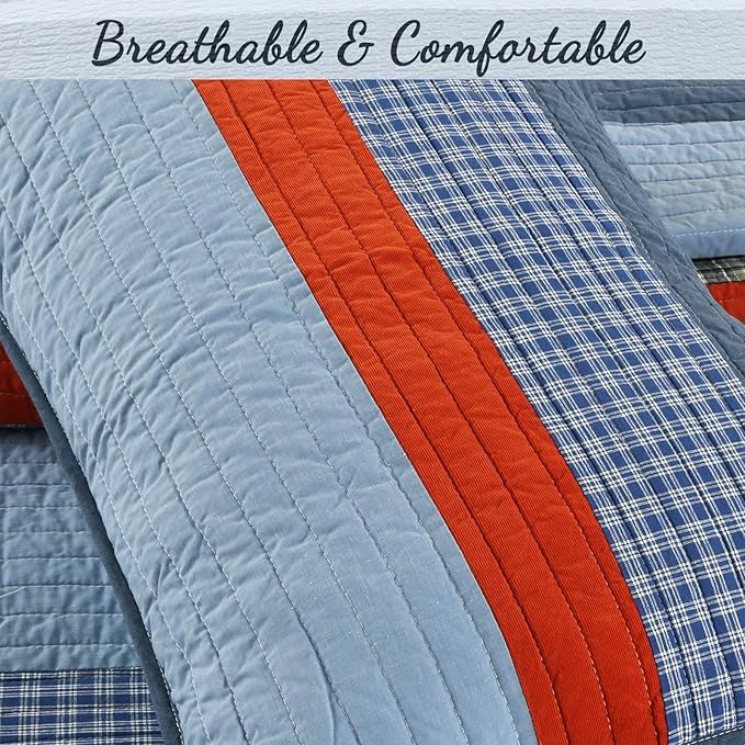 Cozy Line Home Fashions Sailor Navy Striped 100% Cotton Reversible Bedding Quilt Set, Coverlet Bedspread for Boys Kids (Navy/Red, Queen - 3 Piece)