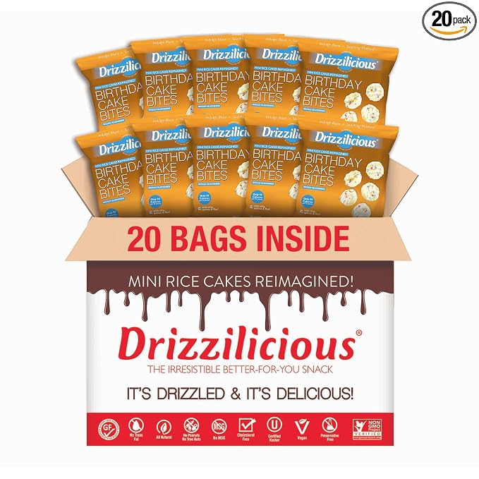 Drizzilicious Mini Flavored Rice Cakes Birthday Cake - Rice Crisps, Healthy Snack for Adults and Kids, Vegan, Gluten Free Snack, Allergen Free, Only 90 Calories Per Bag - 0.74 oz (Pack of 20)