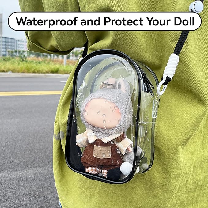 PVC Protective Case for Lububu and Other 17cm Plush Doll, Blind Box Doll Display Case for Lafufu, Clear Hanging Storage Bag Keychain, Doll Clear Bag Carrying Bag for Figures (Black)
