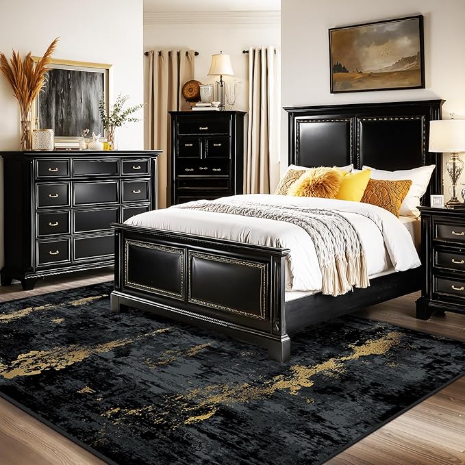RELEANY Washable 10'x12' Abstract Area Rug for Living Room Black Gold | carpet for bedroom, kitchen, office, hallway and entryway, printed pattern, non-slip, soft, stain-resistant, easy to clean