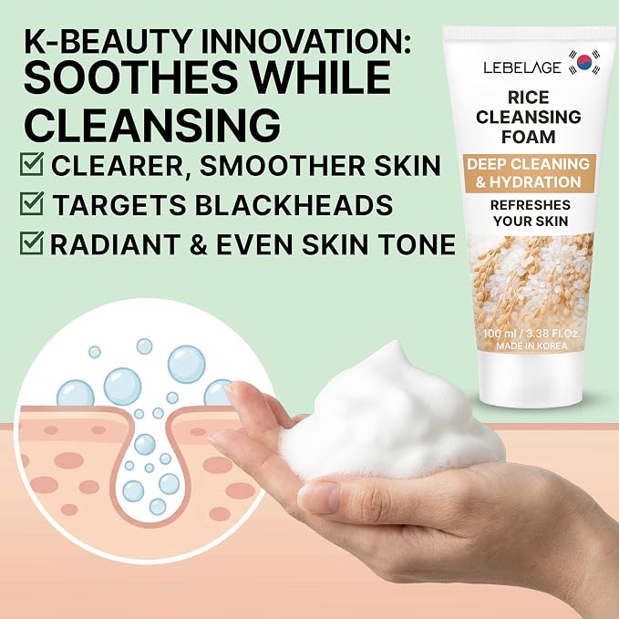 LEBELAGE Korean Rice Facial Cleanser 3.38 oz | Cleansing Foam Face Wash | Low pH Gentle Hydrating Daily Facial Cleanser Sensitive Skin | Deep Cleansing Foaming Cleanser, Pore Care-All Skin Types