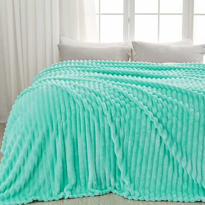 NEWCOSPLAY Super Soft Throw Blanket Aqua Premium Silky Flannel Fleece 3D Ribbed Jacquard Lightweight Bed Blanket All Season Use (Aqua Ribbed, Throw(50"x60"))