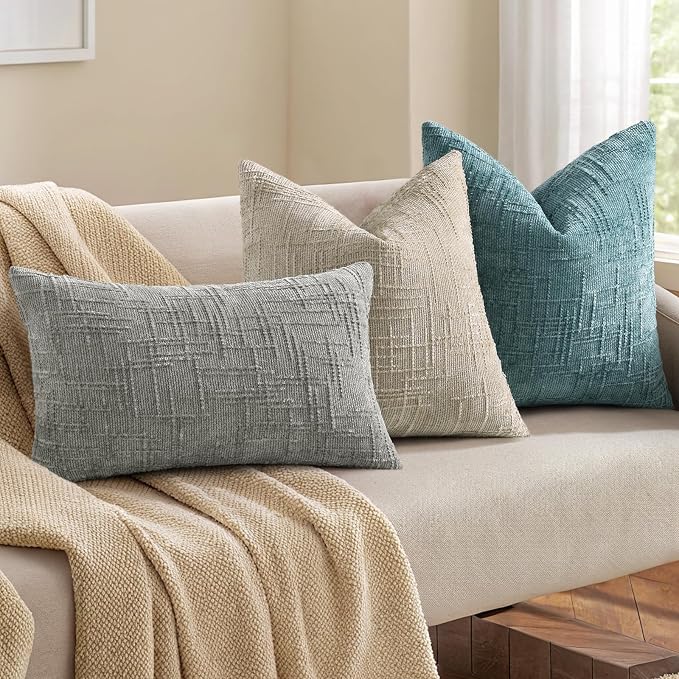 decorUhome Textured Chenille Throw Pillow Covers 24x24 Set of 2 Light Brown | Fall Modern Farmhouse Soft Cozy Slubby Couch Pillow Cases Boho Decorative Pillow Cases for Bed Sofa Living Room Home Decor